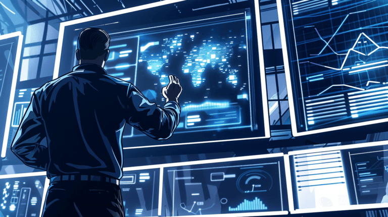 Comic book-style image depicting a business owner unveiling a new website, using a navy blue, black, and white color scheme to symbolize online sales growth and customer engagement.