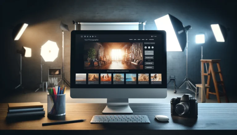 Modern photography studio with a computer displaying a colorful photography website, featuring SEO tools and social media icons, surrounded by professional camera and lighting equipment.