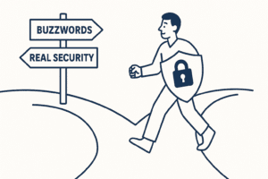 Website Security Meaning - A minimalistic navy blue and white line art illustration of a person standing at a crossroads, with one signpost labeled “Buzzwords” and the other “Real Security.” The person is confidently walking toward “Real Security” holding a shield with a lock symbol.