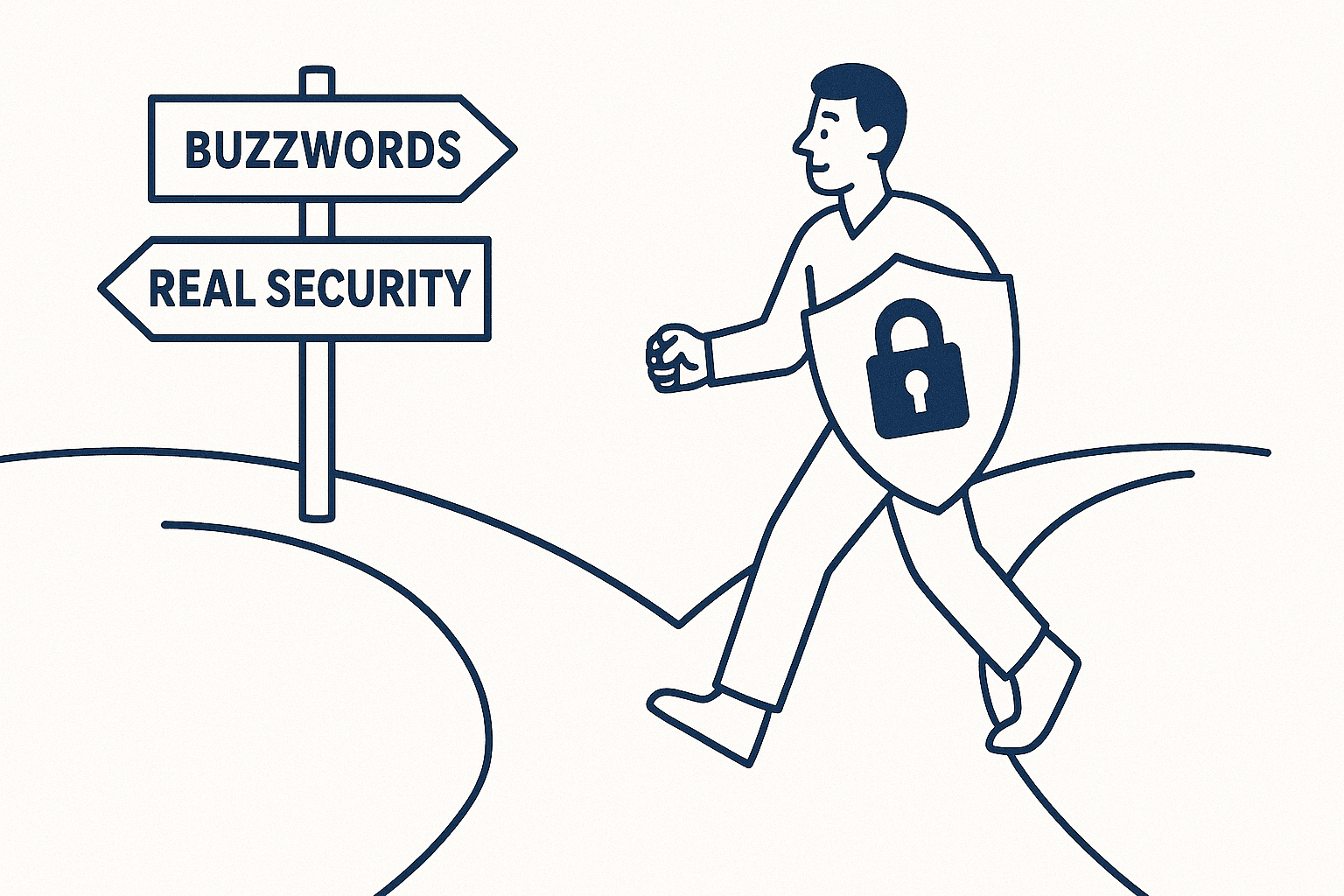 Website Security Meaning - A minimalistic navy blue and white line art illustration of a person standing at a crossroads, with one signpost labeled “Buzzwords” and the other “Real Security.” The person is confidently walking toward “Real Security” holding a shield with a lock symbol.