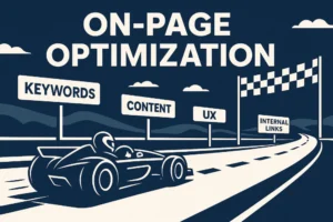On-page optimization illustrated as a navy blue and white race track with checkpoints for keywords, content, meta titles, speed, UX, and internal links, leading to a checkered finish line.