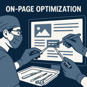 illustration of a surgeon using precision tools to adjust a webpage on a monitor, symbolizing on-page optimization.