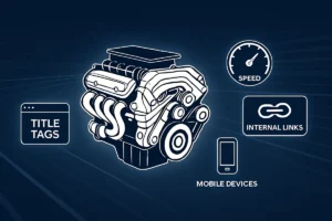 Illustration of a glowing car engine with SEO icons like title tags, internal links, and speedometers, symbolizing on-page SEO strategies and website performance