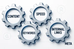 Infographic illustration of interconnected gears labeled Content, Keywords, Speed, Internal Links, and Meta, representing key on-page SEO strategies ranking factors.